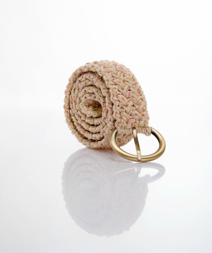 crocher belt in yellow and pink coral color yarn with bronze buckle