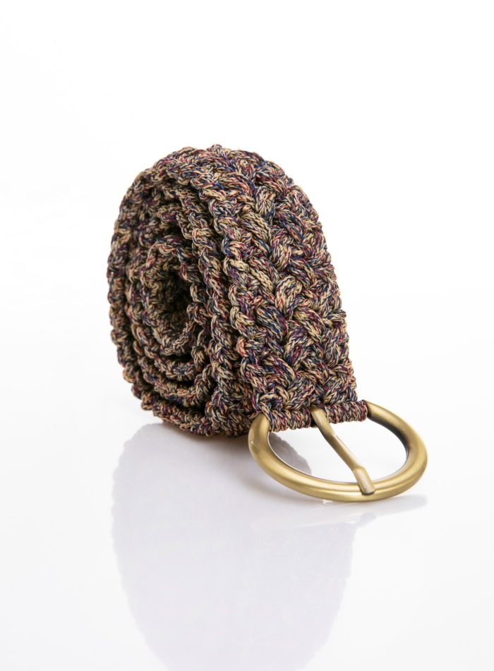 crocher belt in multi color yarn with bronze bangle