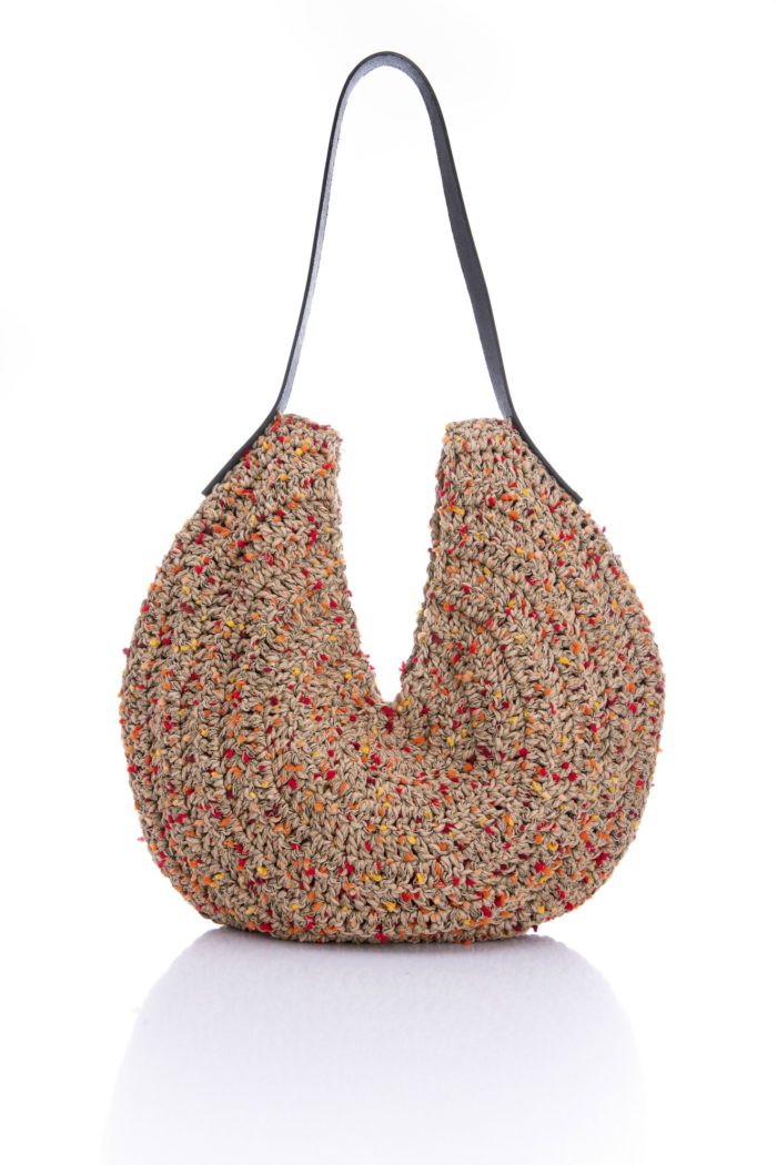 round crochet bag in sand shades with leather strap