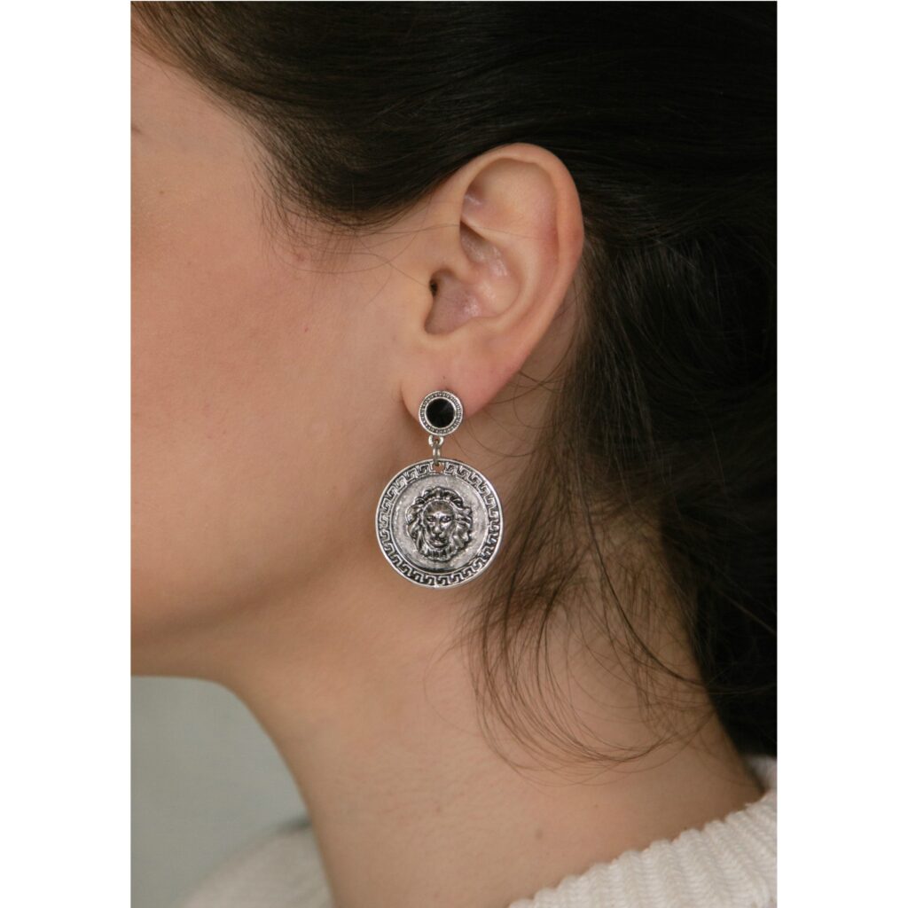 silver lion head earrings