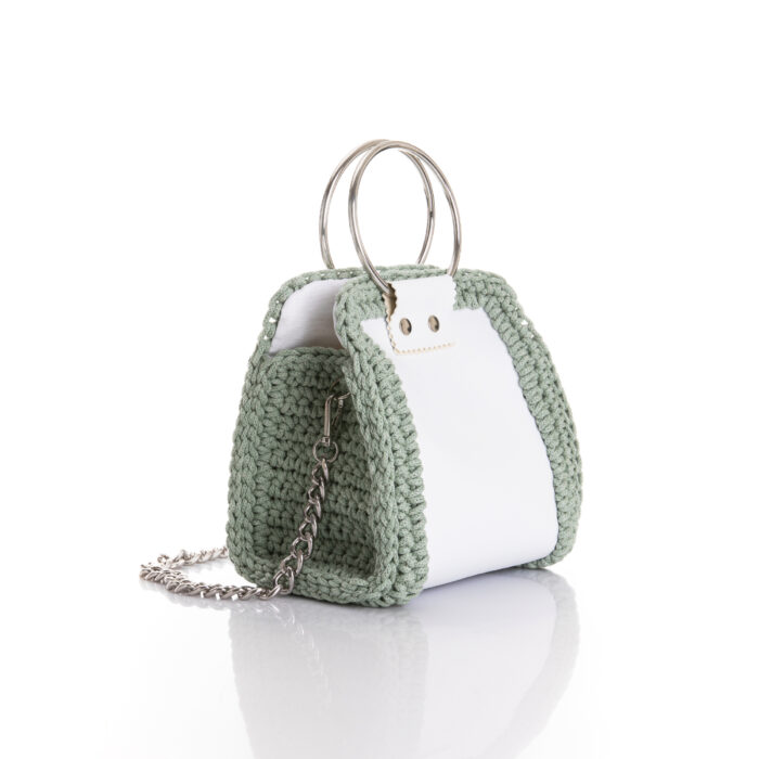 medium size handmade bag made of eco leather and cotton yarn in white and mint green