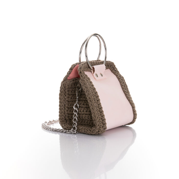 medium size handmade bag made of eco leather and cotton yarn in light pink and chocolate brown