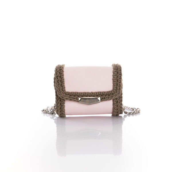 mini flap bag made of eco leather and cotton yarn, in pink and chocolate brown