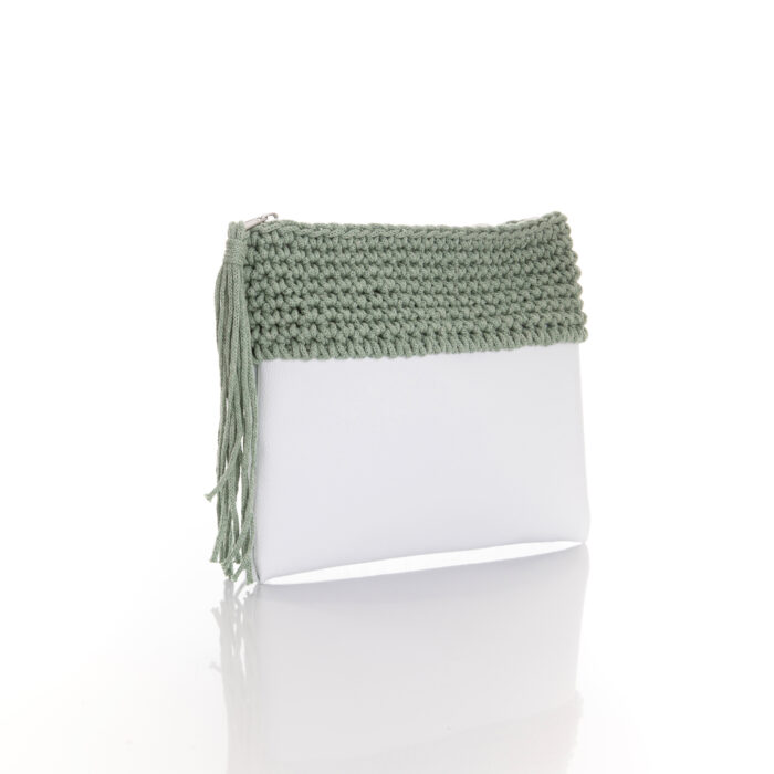 zipper mini bag made of white eco leather and mint green cotton yarn