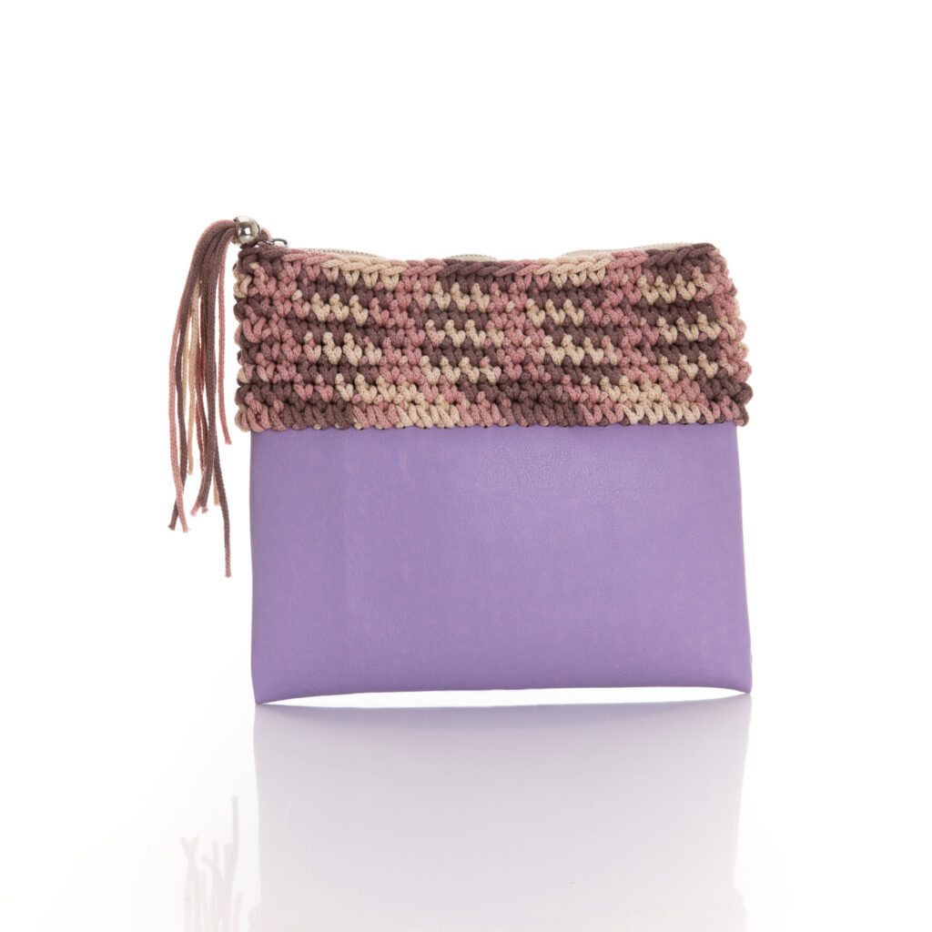 zipper mini bag made of lilac eco leather and pink multi cotton yarn