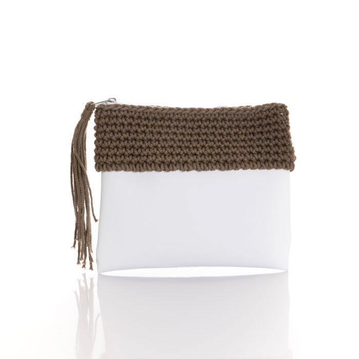zipper mini bag made of white eco leather and brown chocolate cotton yarn