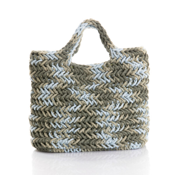 medium crochet tote handle made of cotton yarn in light blue, olive green shades
