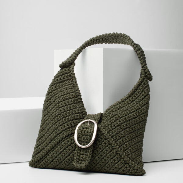 handmade crochet hobo bag in olive green with metallic buckle