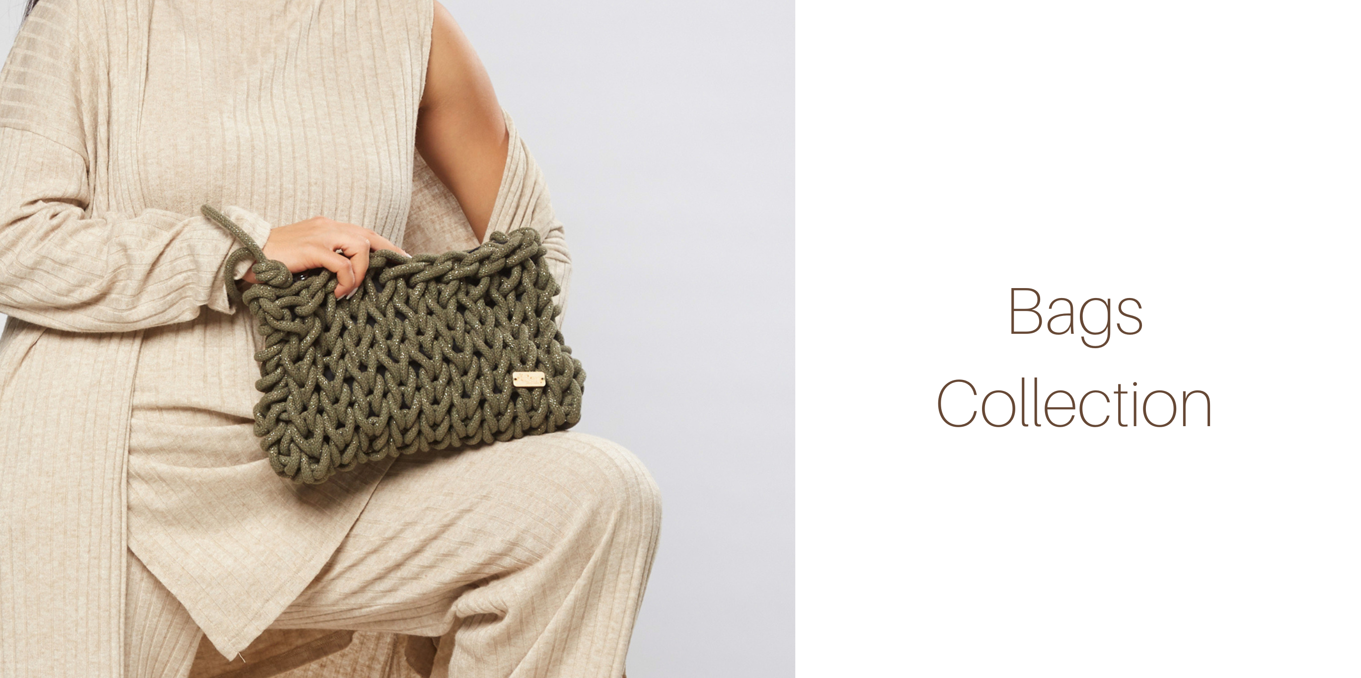 girl holds a metallic olive green knitted clutch bag
