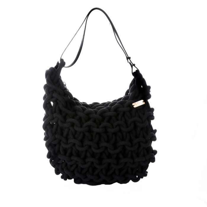 a handmade knitted hobo shoulder bag with real leather adjustable strap, in black color
