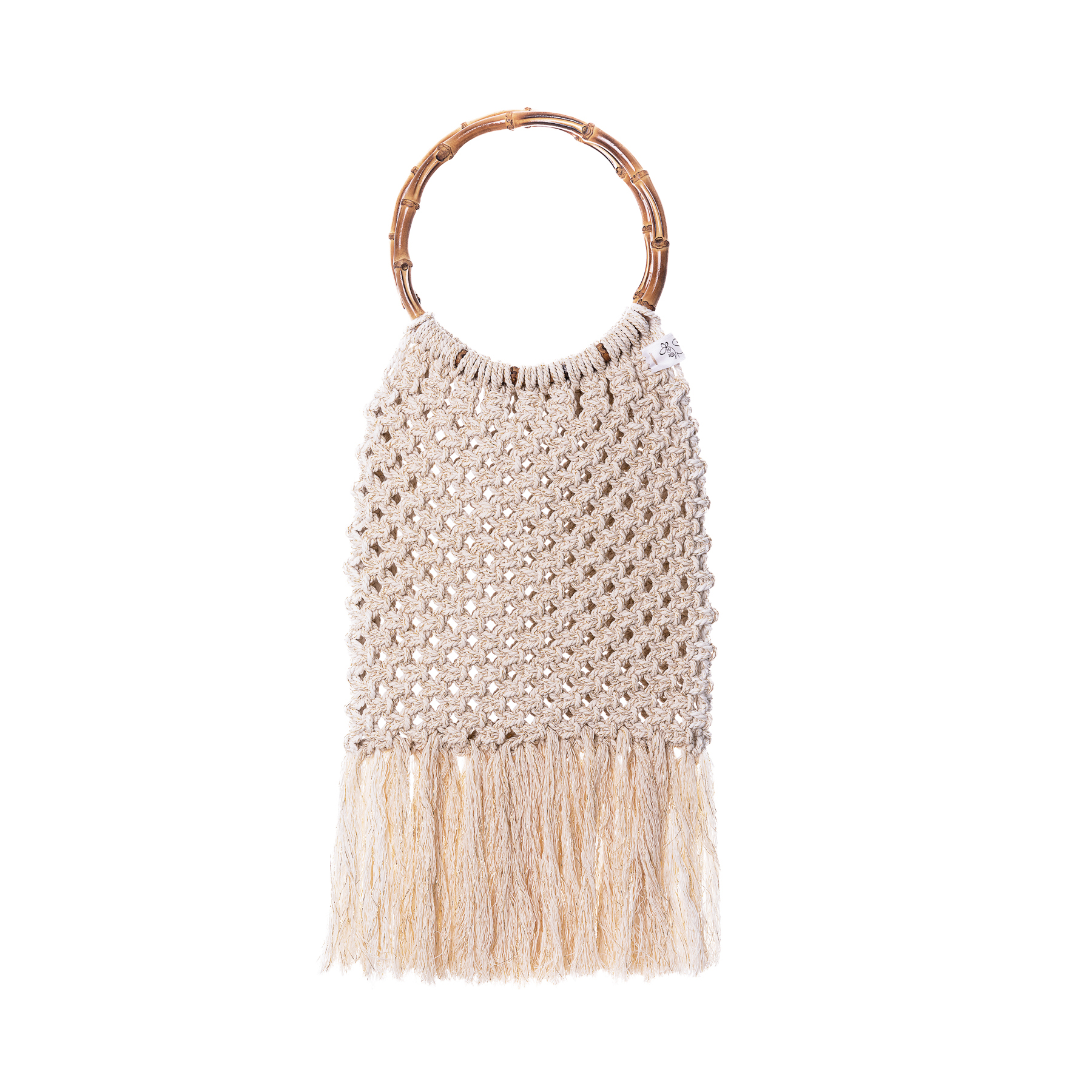 handmade macrame bag in natural white with metallic, with wooden circle handles