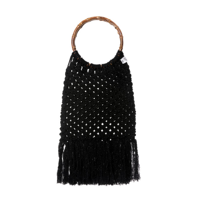 handmade macrame bag in black with metallic, with wooden circle handles