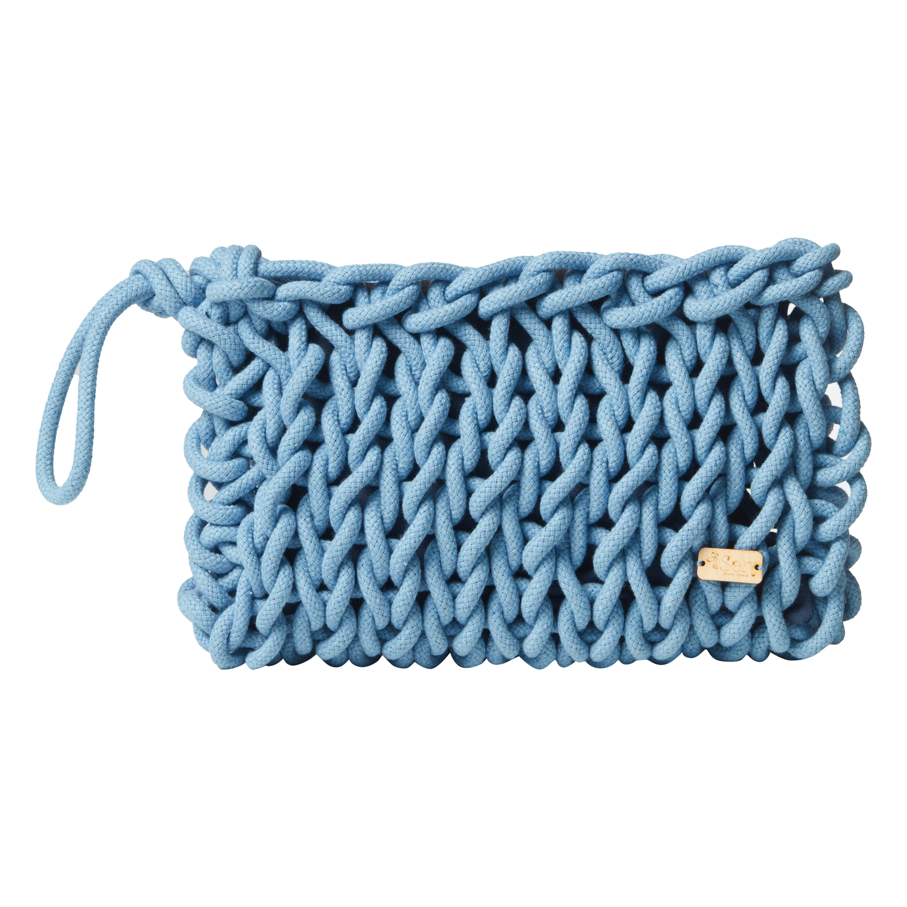 handmade bulky knitted clutch bag made of cotton ropes in ocean blue