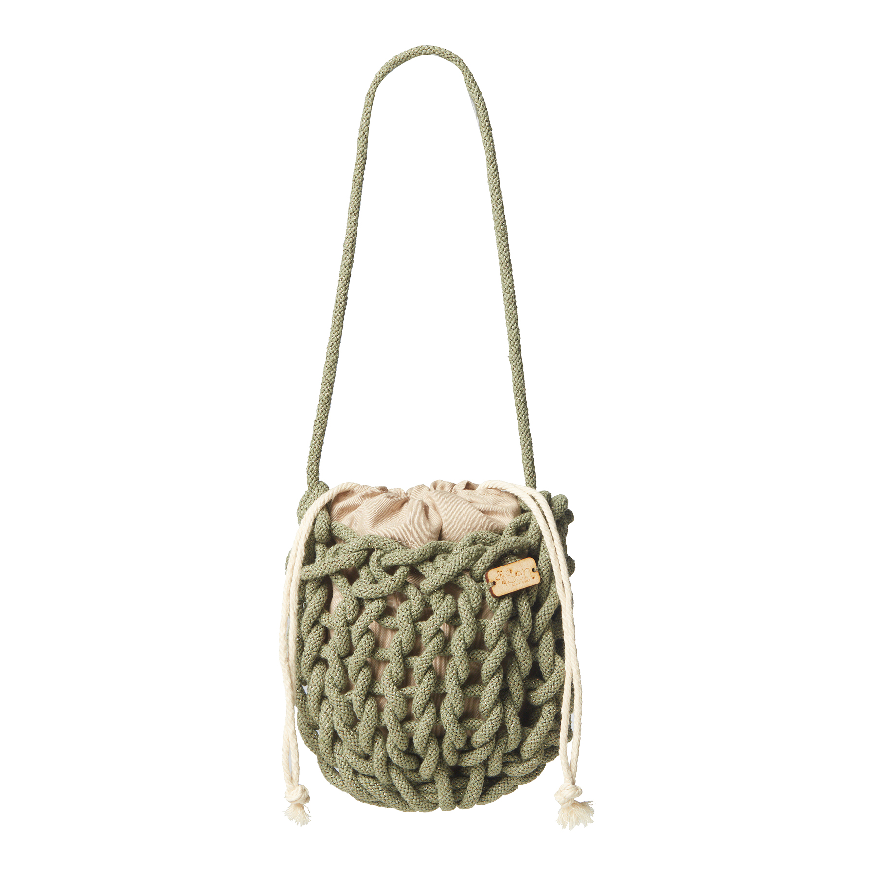 a handmade knitted wristed bag in metallic dark mint color