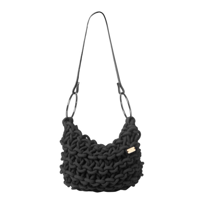 a handmade knitted hobo bag with real leather adjustable strap, in black color