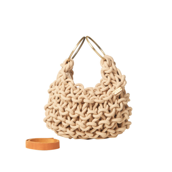 a handmade knitted hobo bag with real leather adjustable strap, in beige color