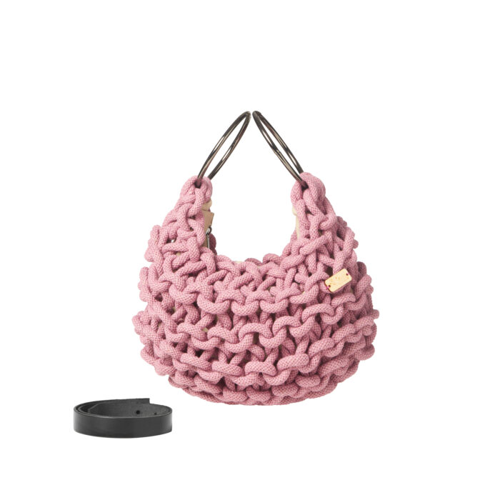 a handmade knitted hobo bag with real leather adjustable strap, in violet color