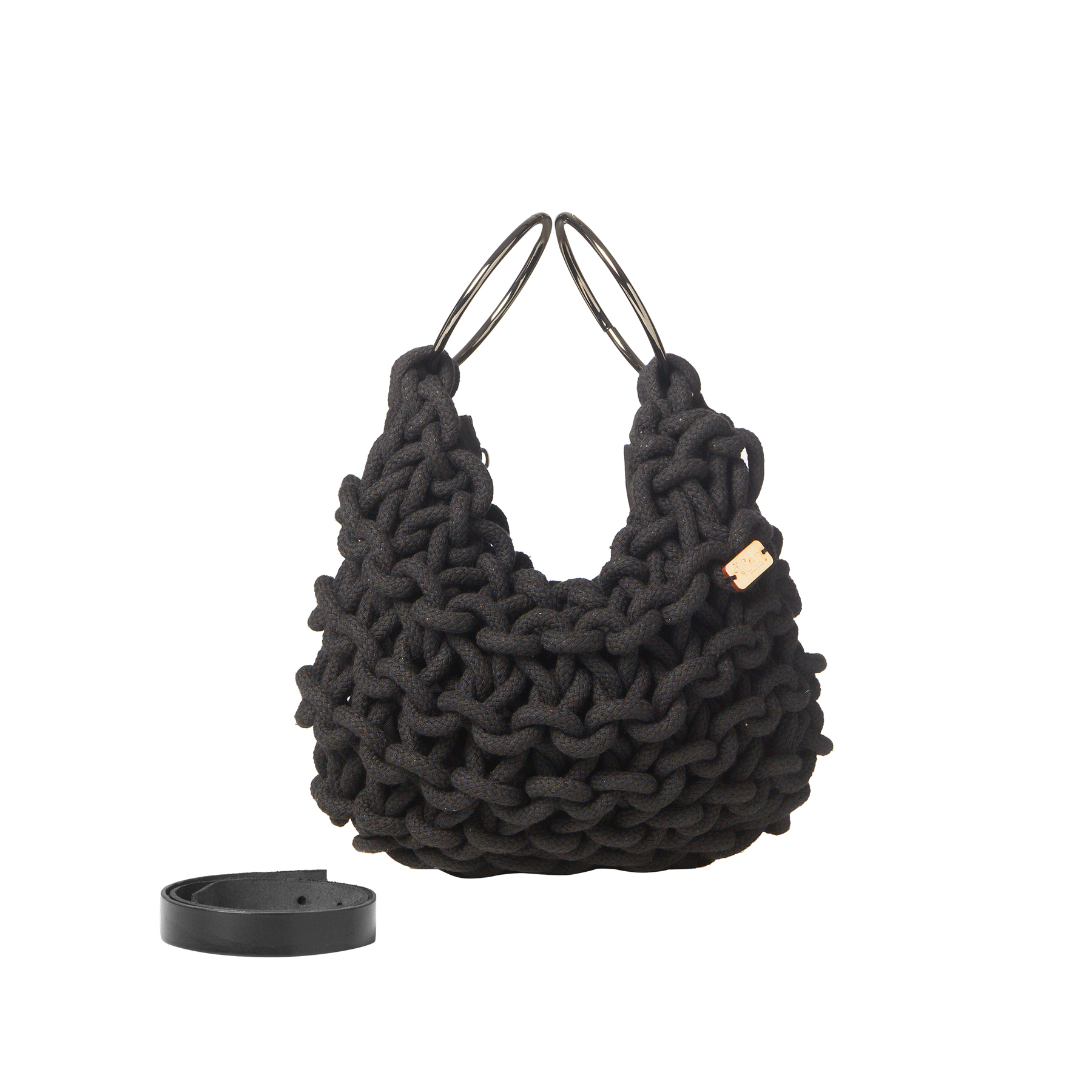 a handmade knitted hobo bag with real leather adjustable strap, in black color