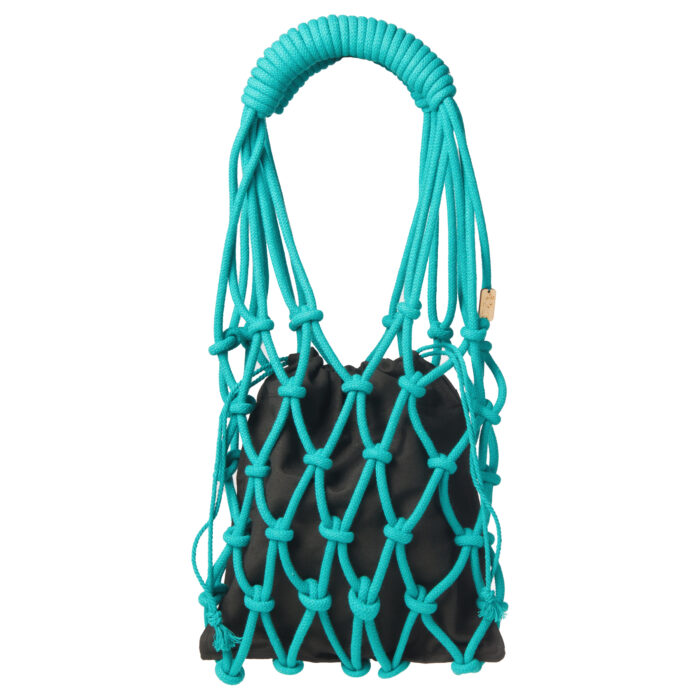 a handmade macrame net shoulder bag, made of cotton ropes in turquoise, with black cotton lining pouch bag