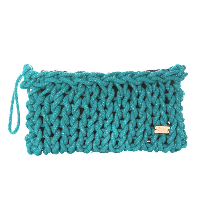 handmade bulky knitted clutch bag made of cotton ropes in metallic turquoise